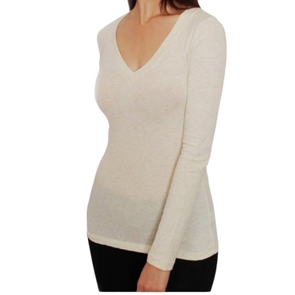 Elegant Cream Long Sleeve V-Neck Top